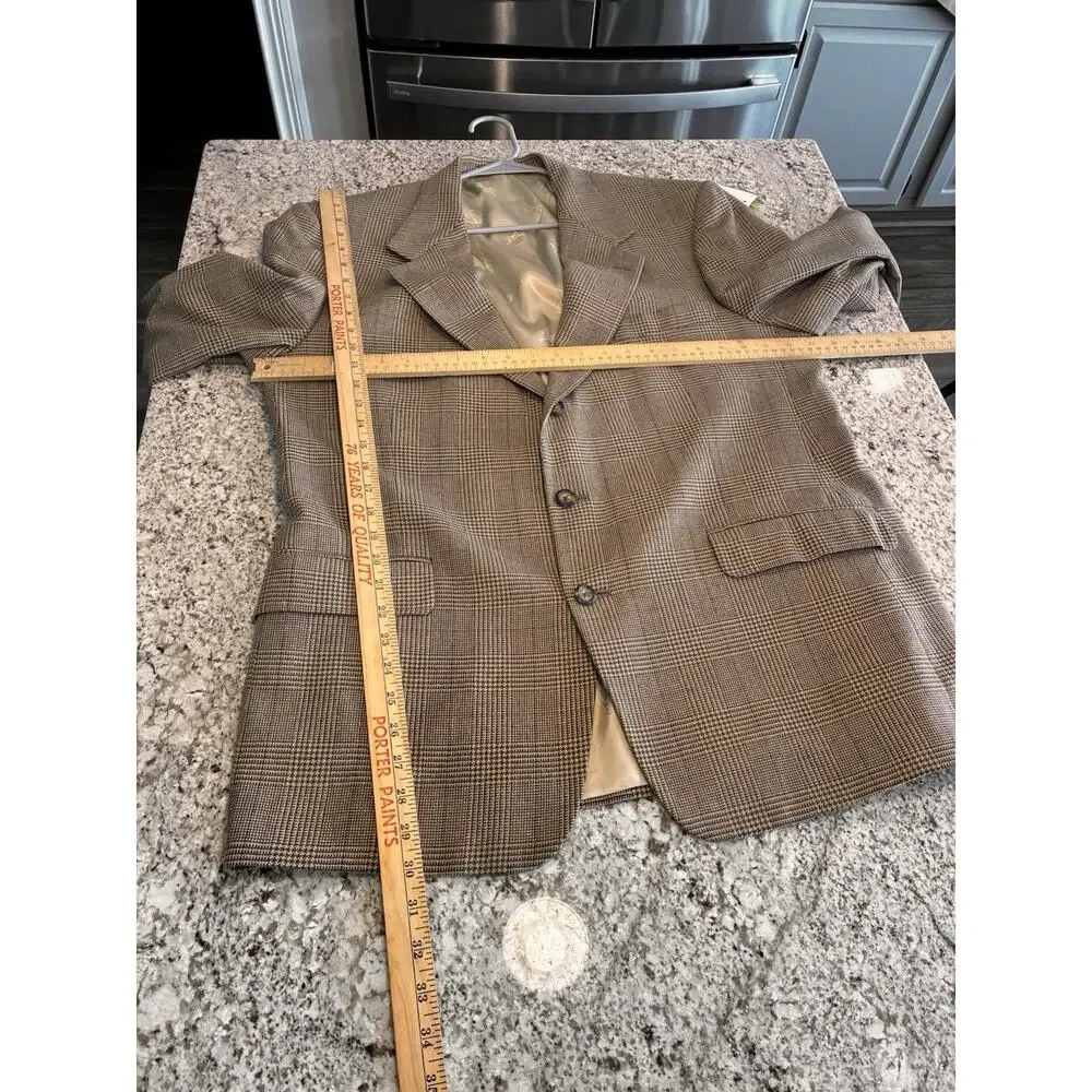 VTG Bespoke Mens 44R Brown Houndstooth Plain Blazer Suit Jacket Made in USA